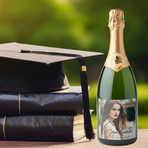 Chic Graduation Photo Black Script Overlay Party Sparkling Wine Label