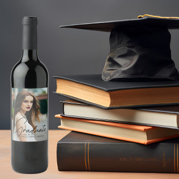 Chic Graduation Photo Black Script Overlay Party Wine Label by epicdesigns at Zazzle