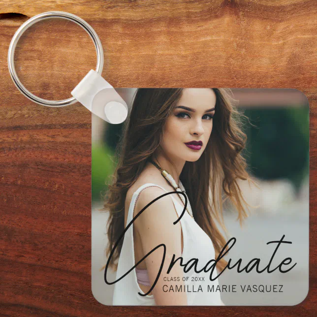 Chic Graduation Photo Handwritten Script Overlay Keychain | Zazzle