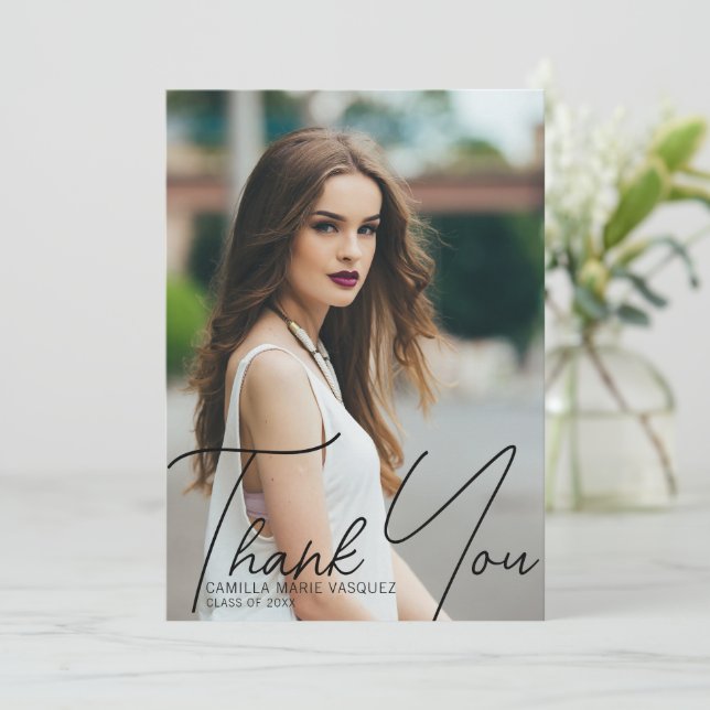 Chic Graduation Photo Handwritten Script Overlay Thank You Card (Standing Front)