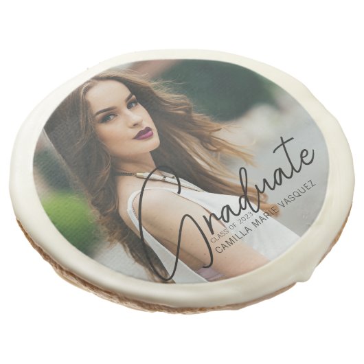Chic Graduation Photo Handwritten Script Party Sugar Cookie (Angled)