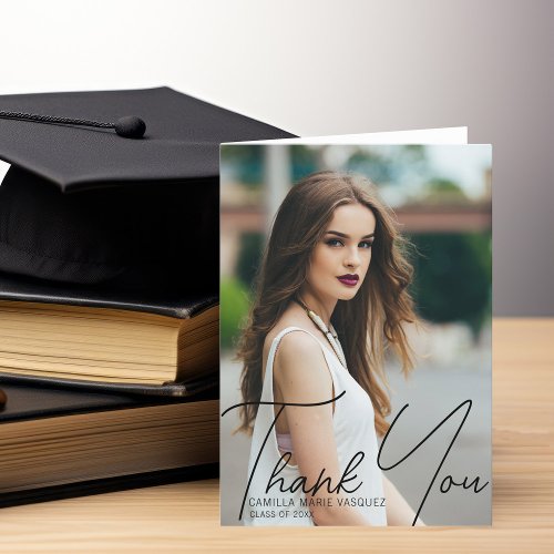 Chic Graduation Photo Trendy Black Script Overlay Thank You Card
