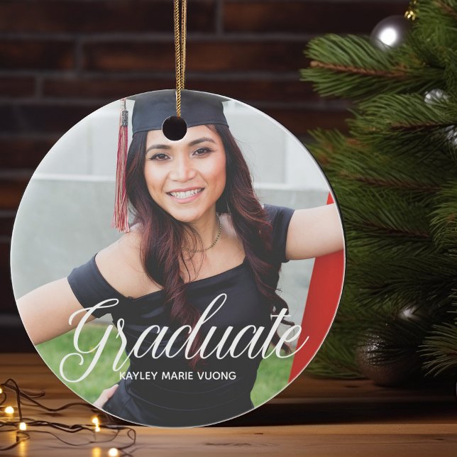 Chic Graduation Photo White Script Senior Graduate Ceramic Ornament (Creator Uploaded)