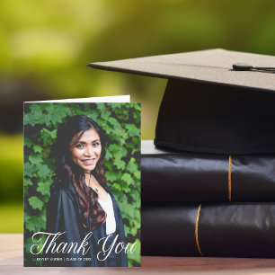 Chic Graduation Photo White Script Thank You Card
