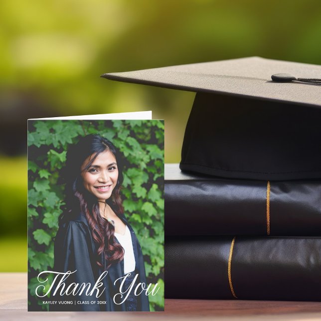 Chic Graduation Photo White Script Thank You Card (Creator Uploaded)
