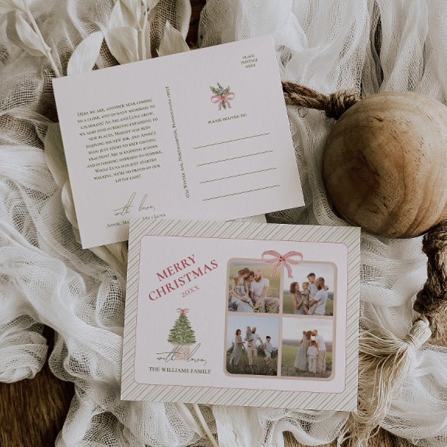 Chic Grandmillennial Coquette Christmas Four Photo Holiday Postcard (Creator Uploaded)