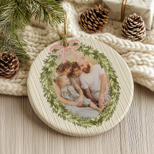 Chic Grandmillennial Coquette Christmas Wreath Ceramic Ornament