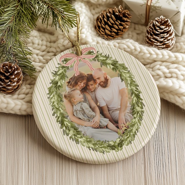 Chic Grandmillennial Coquette Christmas Wreath Ceramic Ornament (Creator Uploaded)