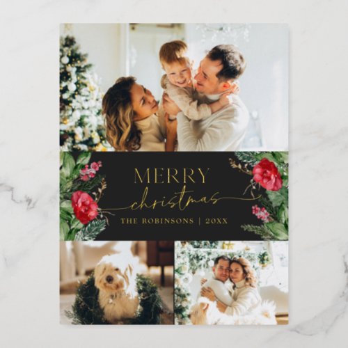 Chic Gray 3 Photo Botanical Merry Christmas Gold Foil Holiday Postcard