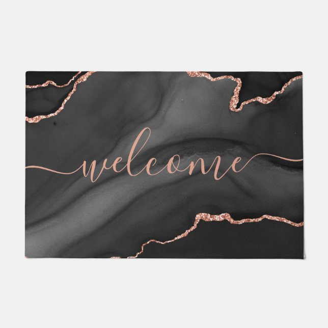 Chic Gray Agate Pink Glitter Script Welcome Doormat (Front)