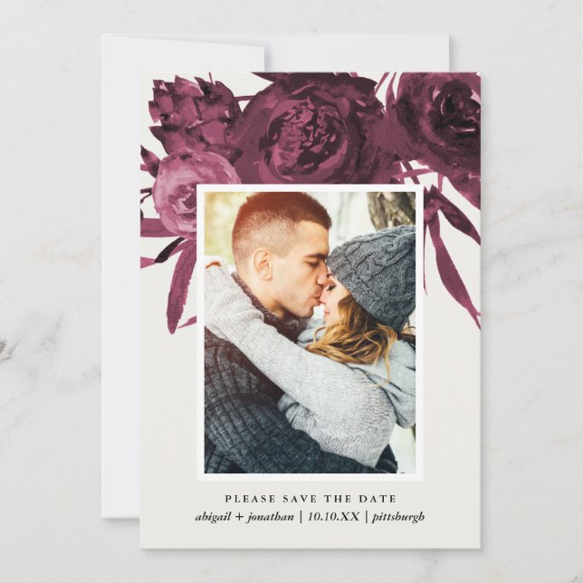 Chic Gray and Burgundy Floral Photo Save the Date (Front)