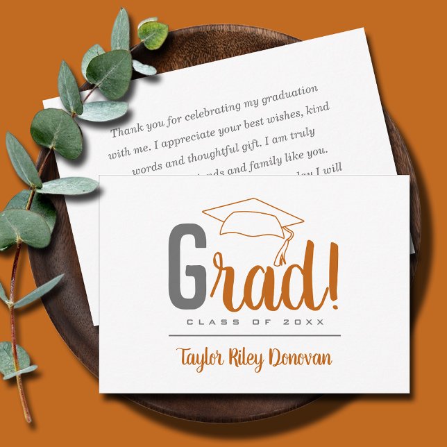 Chic Gray and Burnt Orange Grad Cap Graduation Note Card (3.5" x 5" burnt orange and gray Grad and graduation cap flat note cards, your message on the back)