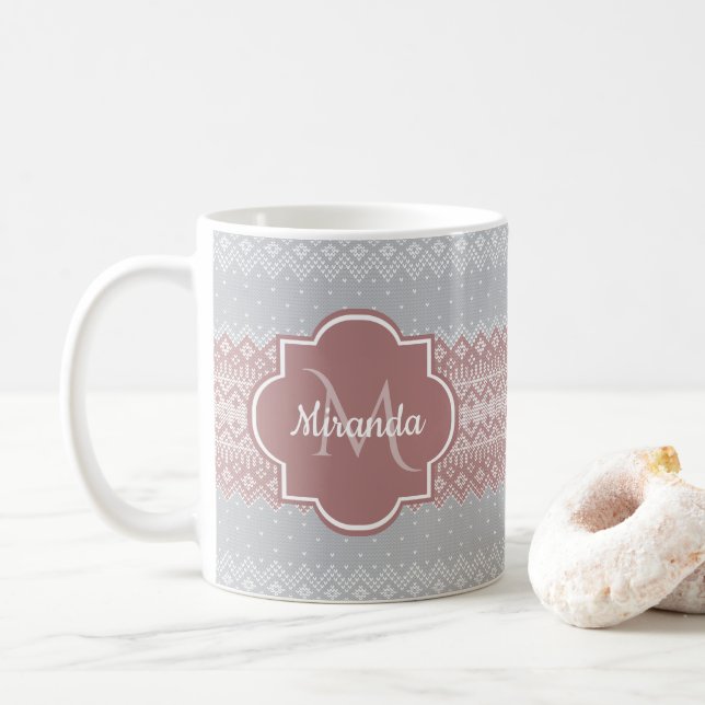 Chic Gray and Dusky Pink Knit Stripes and Monogram Coffee Mug (With Donut)