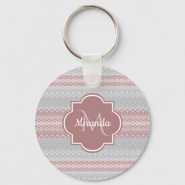 Chic Gray and Dusky Pink Knit Stripes and Monogram Keychain (Front)