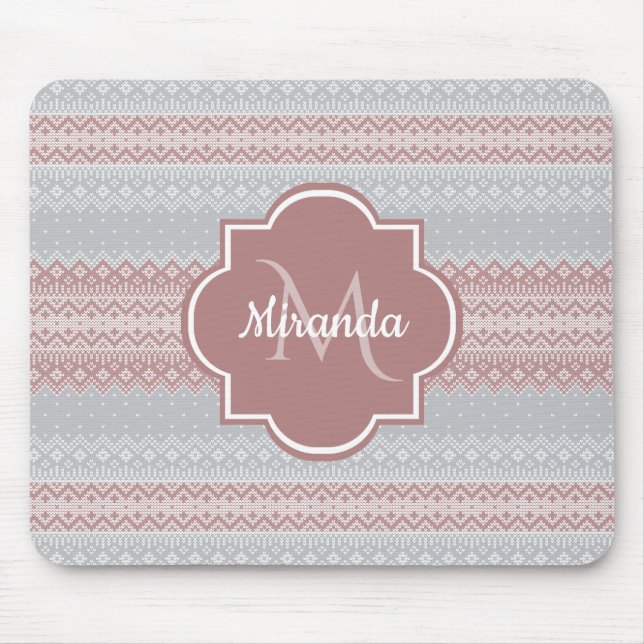 Chic Gray and Dusky Pink Knit Stripes and Monogram Mouse Pad (Front)
