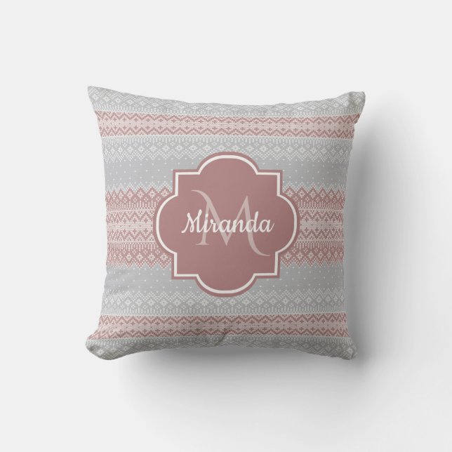 Chic Gray and Dusky Pink Knit Stripes and Monogram Throw Pillow (Front)