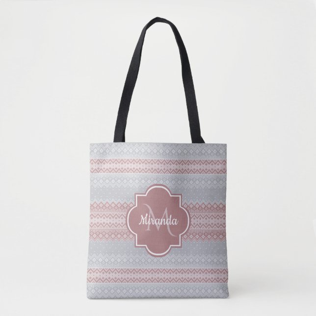 Chic Gray and Dusky Pink Knit Stripes and Monogram Tote Bag (Front)
