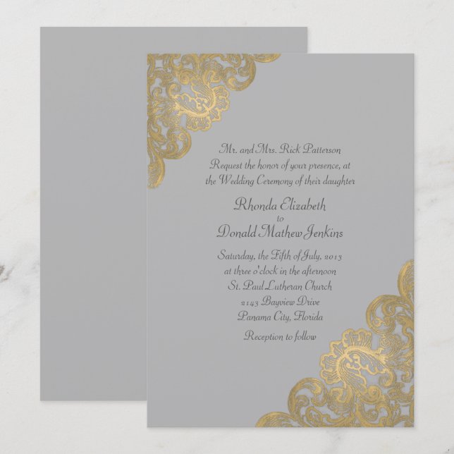 Chic Gray and Gold Felt Wedding Invitation (Front/Back)