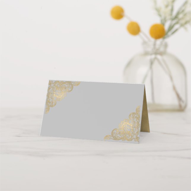 Chic Gray and Gold Wedding Folded Place Card (Front)
