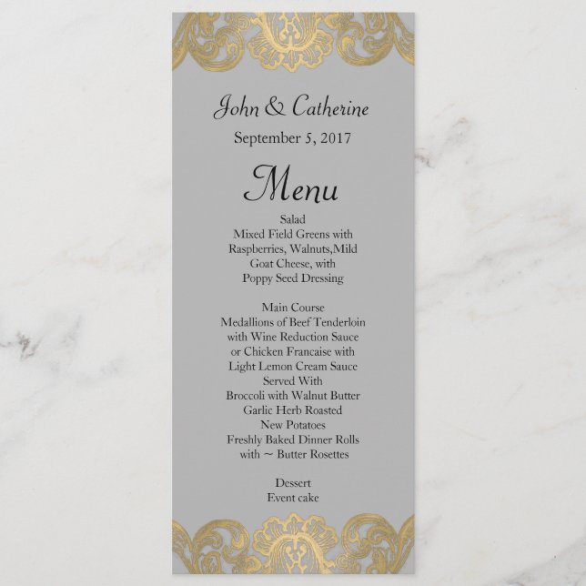 Chic Gray and Gold Wedding Menu (Front)