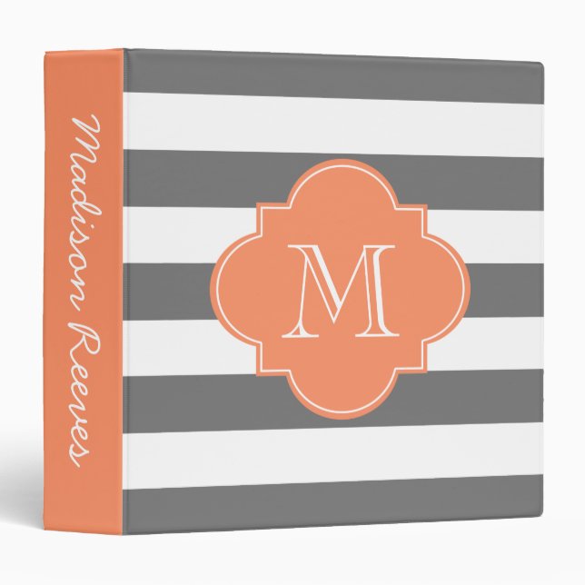 Chic Gray and Orange Striped Custom Monogram Binder (Front/Spine)