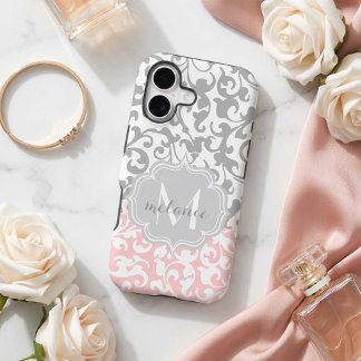Chic Gray and Pink Damask Swirls Monogram iPhone 17 Case