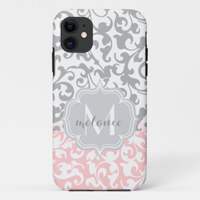 Chic Gray and Pink Damask Swirls Monogram Case-Mate iPhone Case (Back)