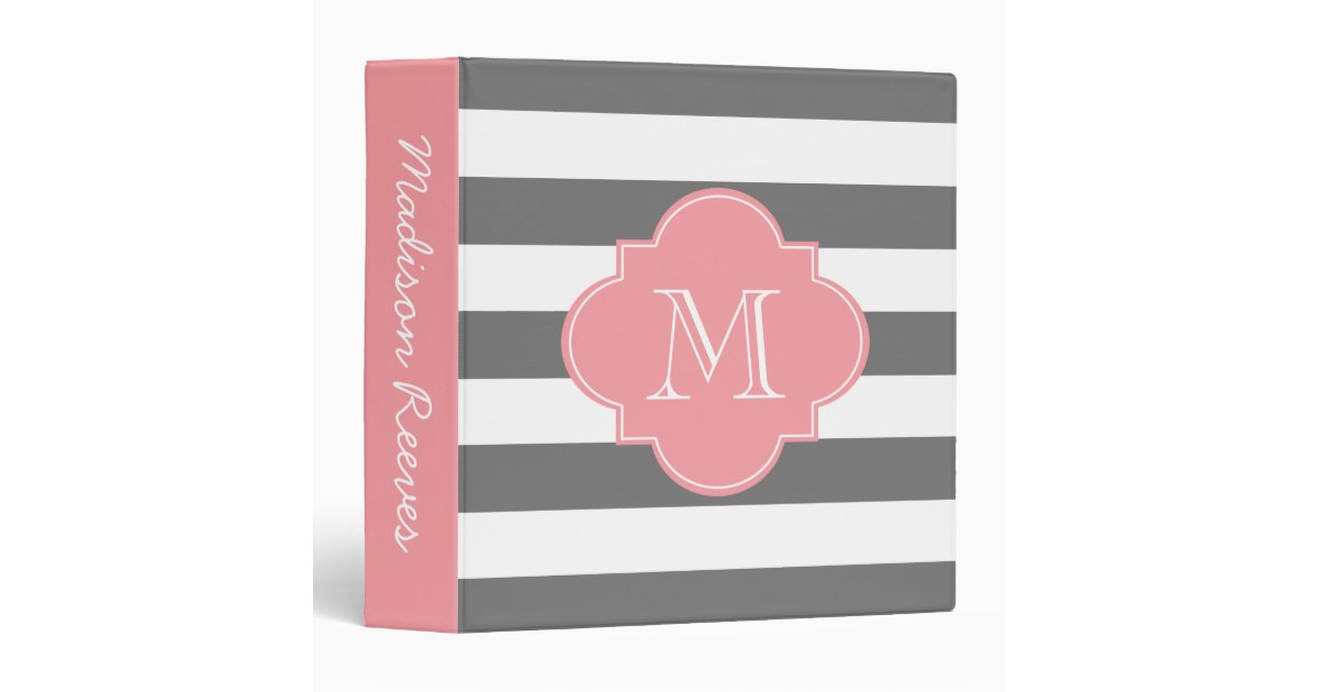Chic Gray and Pink Striped Custom Monogram Binder | Zazzle