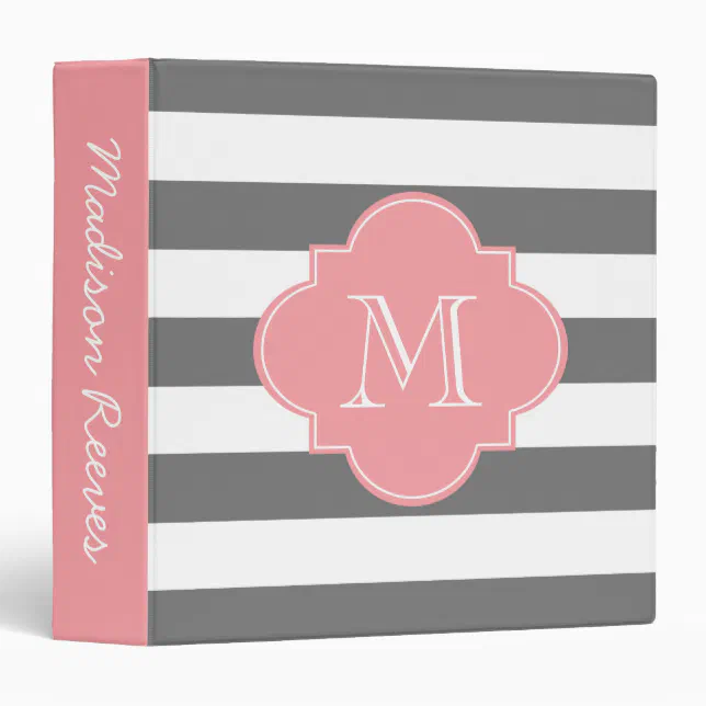 Chic Gray and Pink Striped Custom Monogram Binder | Zazzle