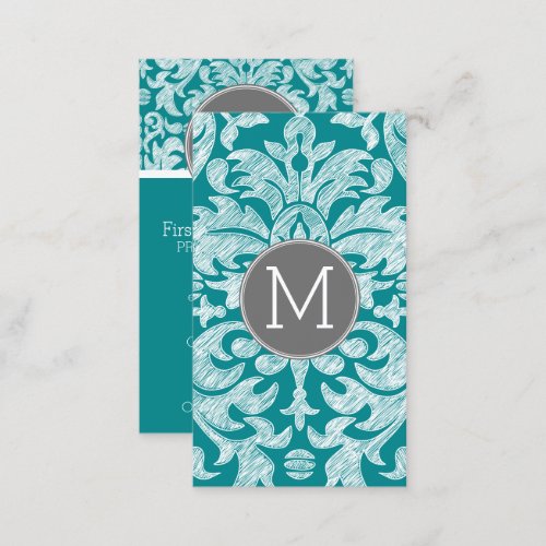 Chic Gray and Teal Damask Pattern Custom Monogram Business Card