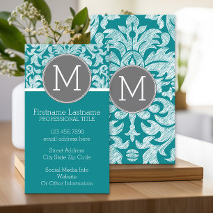 Chic Gray and Teal Damask Pattern Custom Monogram Business Card