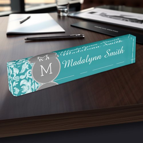 Chic Gray and Teal Damask Pattern Custom Monogram Desk Name Plate
