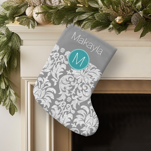 Chic Gray and Teal Damask Pattern Custom Monogram Large Christmas Stocking (Personalized Christmas Stocking)