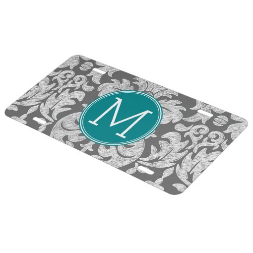 Chic Gray and Teal Damask Pattern Custom Monogram License Plate | Zazzle