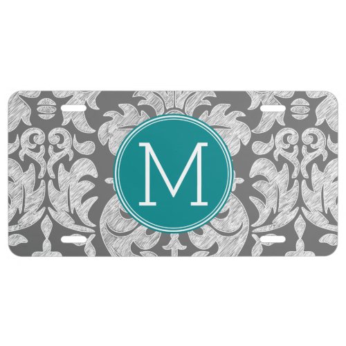 Chic Gray and Teal Damask Pattern Custom Monogram License Plate