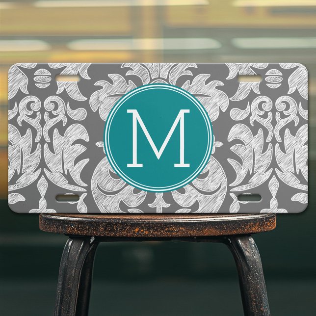 Chic Gray and Teal Damask Pattern Custom Monogram License Plate (Custom License Plate)