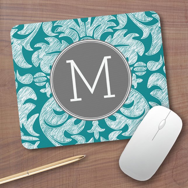 Chic Gray and Teal Damask Pattern Custom Monogram Mouse Pad (Personalized mousepad - Add Custom Text)