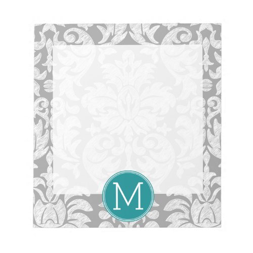 Chic Gray and Teal Damask Pattern Custom Monogram Notepad