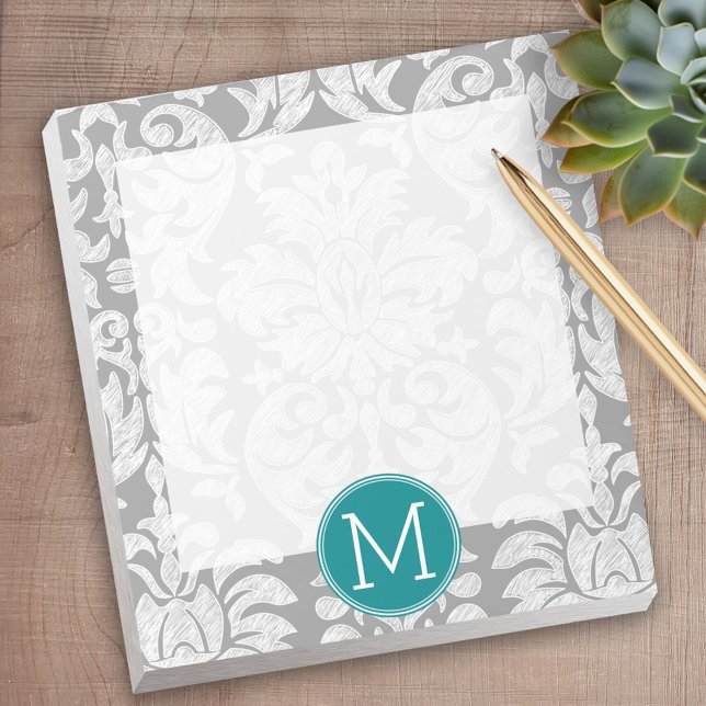 Chic Gray and Teal Damask Pattern Custom Monogram Notepad (Personalized notepad - great for a gift or your home office)