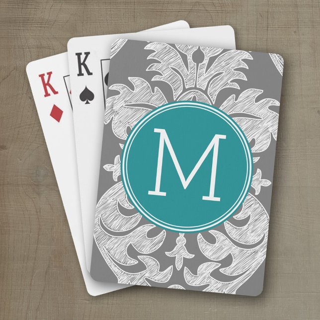 Chic Gray and Teal Damask Pattern Custom Monogram Poker Cards (Personalized playing cards with monogram or custom text)