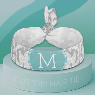 Chic Gray and Teal Damask Pattern Custom Monogram Ribbon Hair Tie