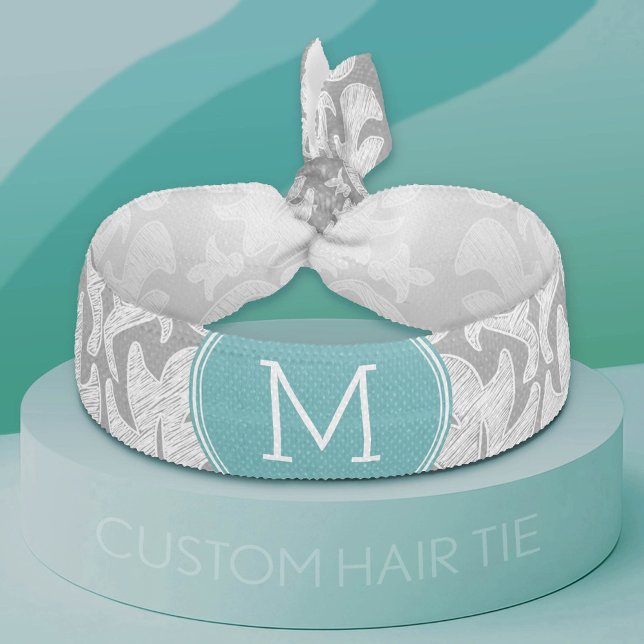 Chic Gray and Teal Damask Pattern Custom Monogram Ribbon Hair Tie (Custom Hair Tie)