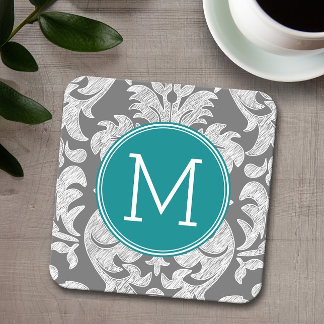 Chic Gray and Teal Damask Pattern Custom Monogram Square Paper Coaster (Personalized coaster with a monogram)