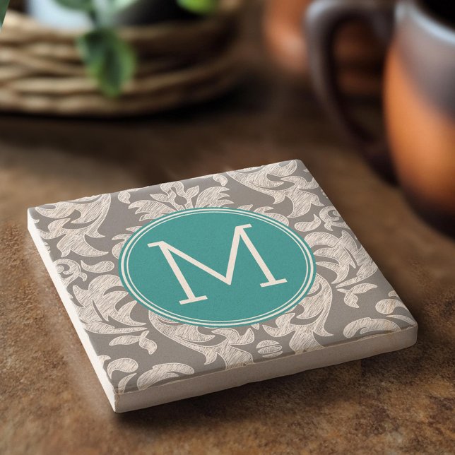 Chic Gray and Teal Damask Pattern with Monogram Stone Coaster (Custom Stone Coaster)