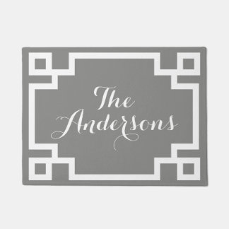 Chic Gray and White Greek Key Monogram Doormat