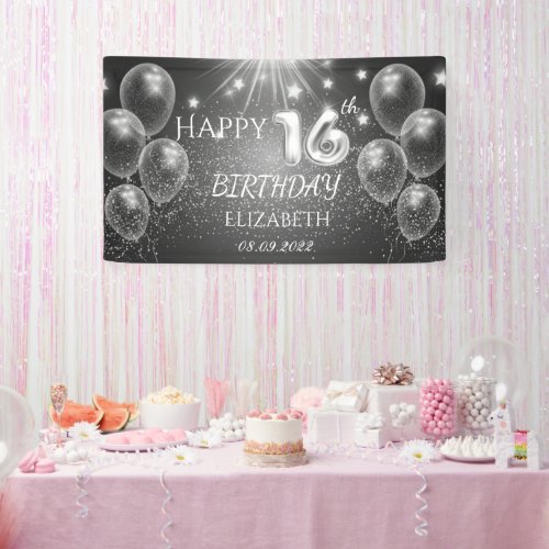 Chic Gray Balloons Stars 16th Birthday  Banner