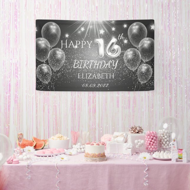 Chic Gray Balloons Stars 16th Birthday  Banner (Party)