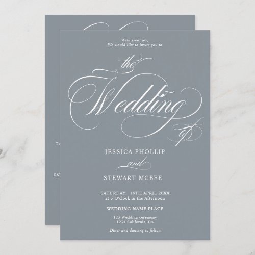 Chic gray blue all in one calligraphy wedding invitation