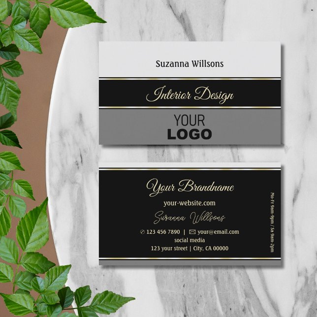 Chic Gray Borders on Black with Logo Professional Business Card (Creator Uploaded)
