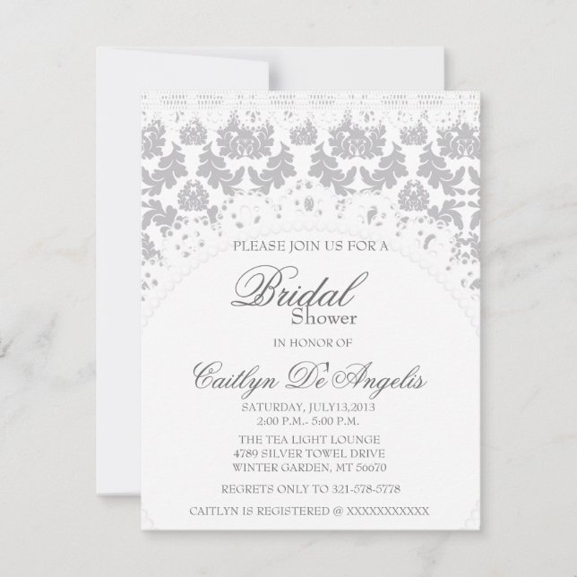 Chic Gray Damask & White Lace Bridal Shower Invite (Front)